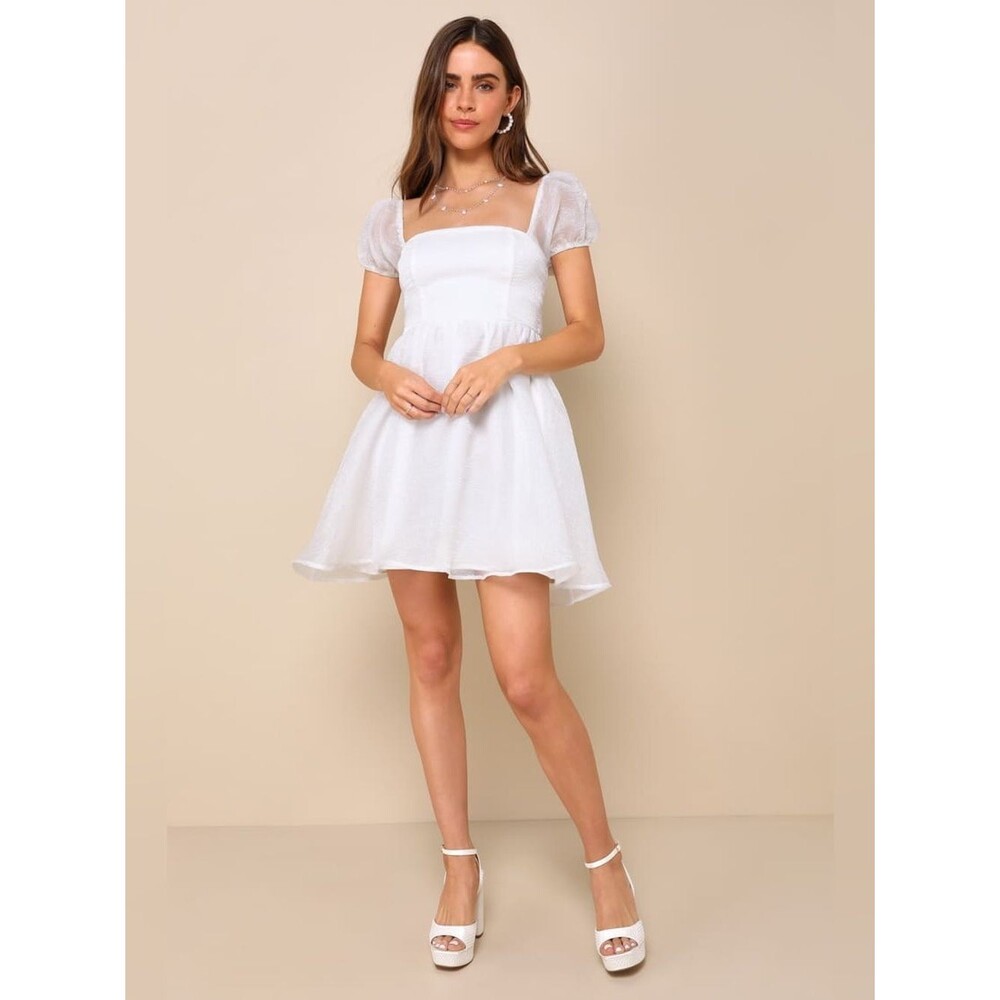 NWT Lulus Sweetest Grace Shiny White Organza Puff Sleeve Mini Dress Size Medium